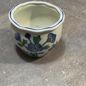 Floral Ceramic Planter with Blue Accents